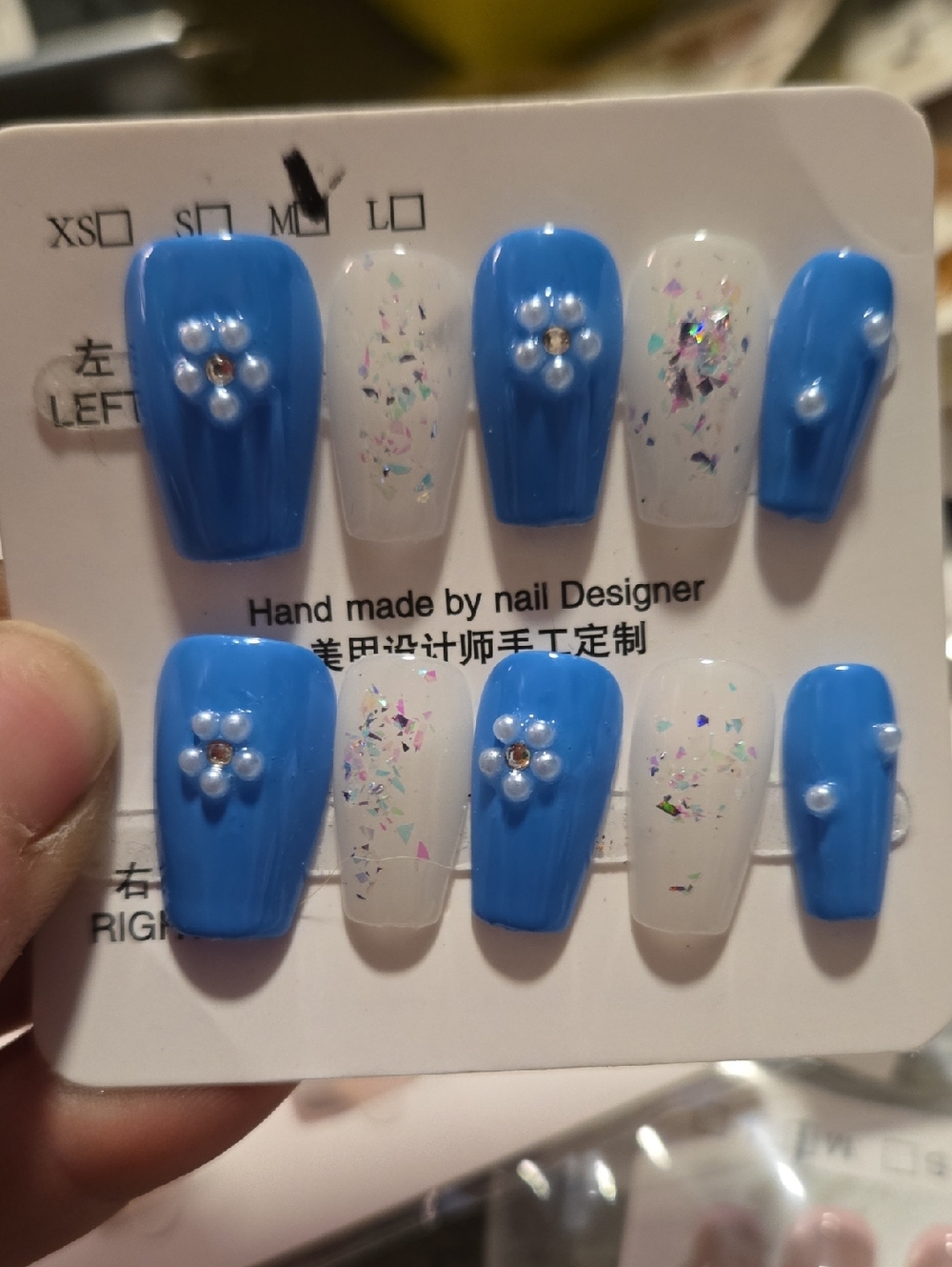 Blue & White Hand-Painted Press-On Nails with Pearlescent Flakes